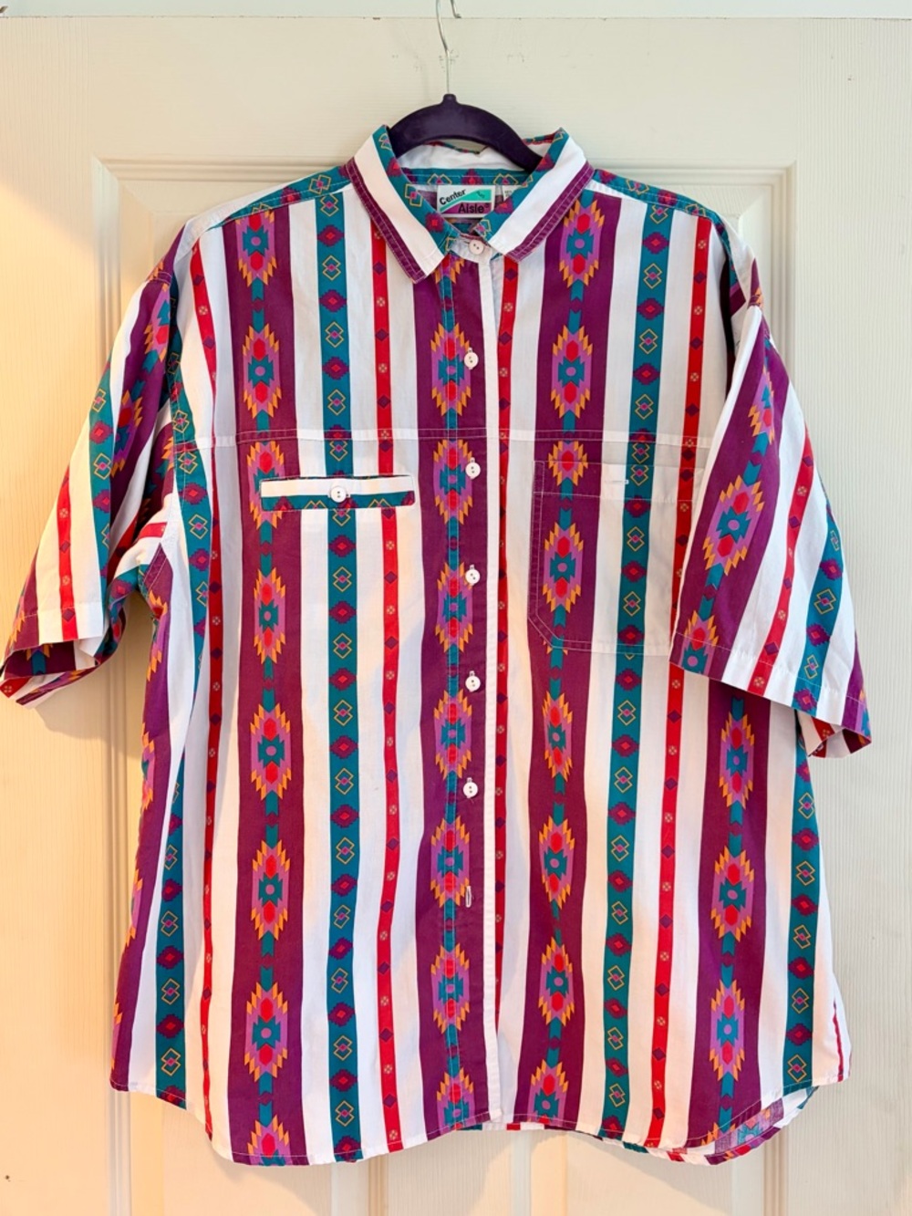 Vintage Center Aisle Western Brushpoppe Stripe Button-Up Shirt - Purple/Red/Teal